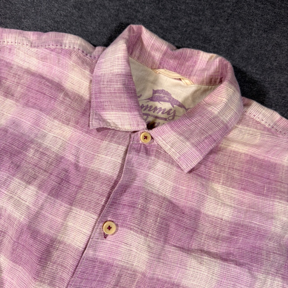 Tommy Bahama Shirt Mens Large Purple Plaid Linen Short Sleeve Relaxed Button Up